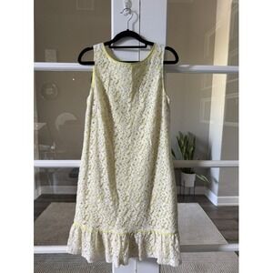 Ann Taylor LOFT White Floral Lace Neon Yellow Shift Dress Ruffle Hem Womens 8